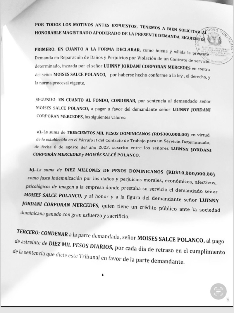 Imagen del documento de la demanda que impuso Luinny Corporán en contra de Moisés Salcé.