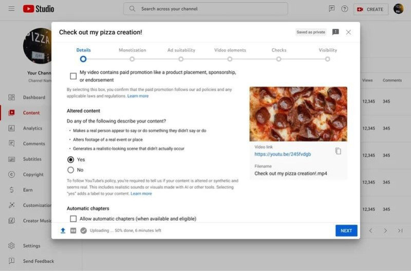 Interfaz de YouTube Studio con el nuevo formato de etiquetado, que permite distinguir el contenido creado o alterado por IA generativa