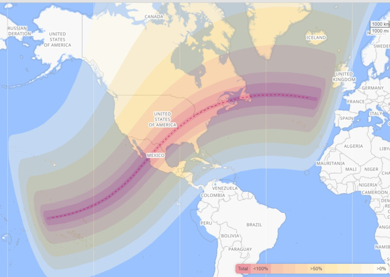 Fotografía muestra puntos territoriales que abarcará eclipse solar total de abril 2024.
