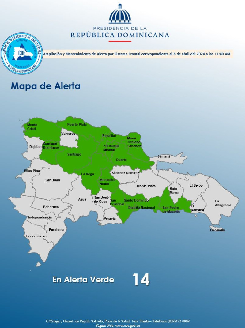 Mapa con provincias en alerta verde