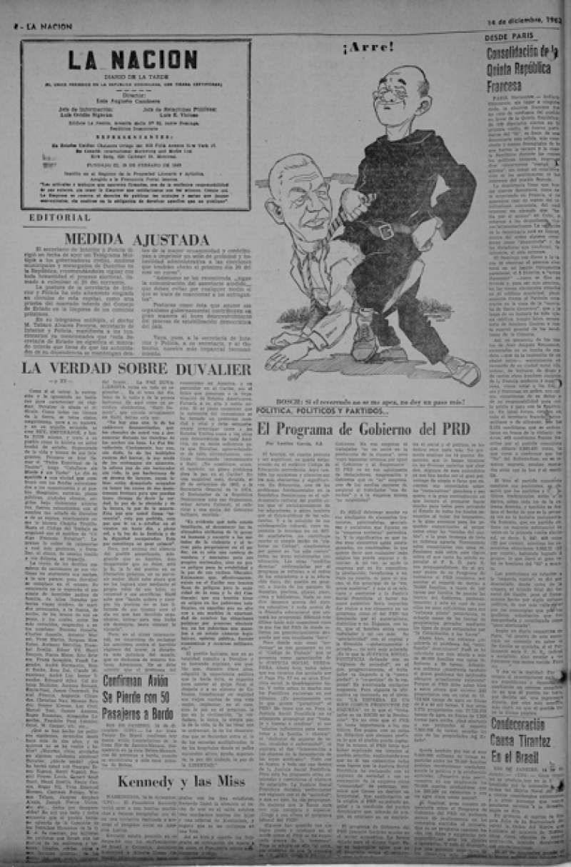 Publicación del periódico La Nación, de diciembre de 1962, en el que se muestra caricatura de Bosch y García.