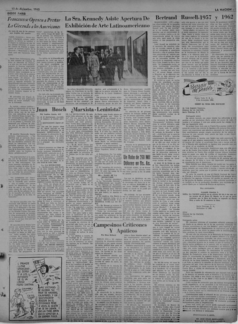 Publicación del 12 de diciembre de 1962 en el que el padre García acusa a Bosch de comunista.
