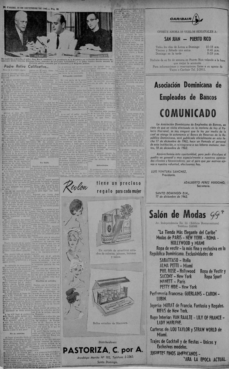 Publicación del 18 de diciembre de 1962 en el periódico El Caribe sobre el debate entre Bosch y García.