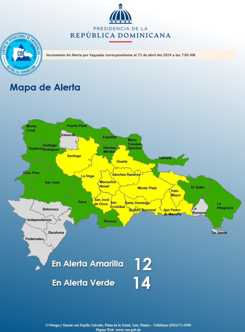 Mapa corresponidiente al 25 de abril sobre las provincias en alerta.