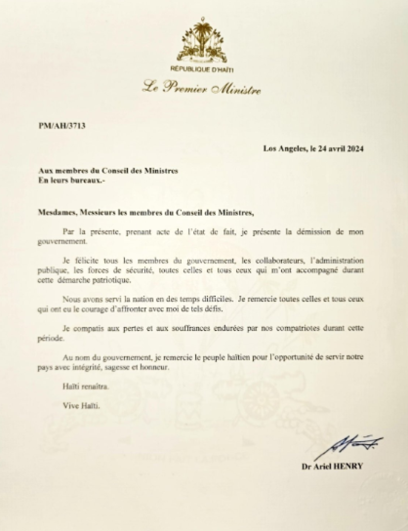 El primer ministro, Ariel Henry, dirige una correspondencia, este 25 de abril de 2024, a los miembros del Consejo de Ministros en la que presenta oficialmente la dimisión de su Gobierno.