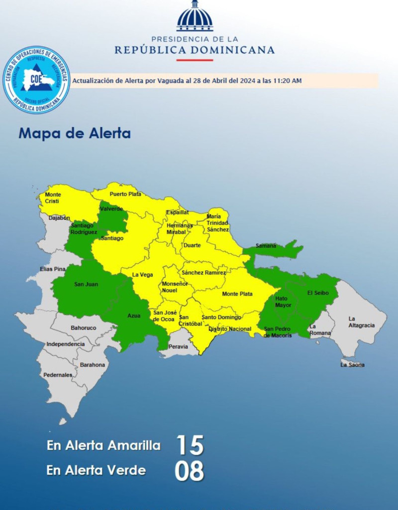 El Coe mantiene 15 provincias en alerta amarilla y 8 en alerta verde.