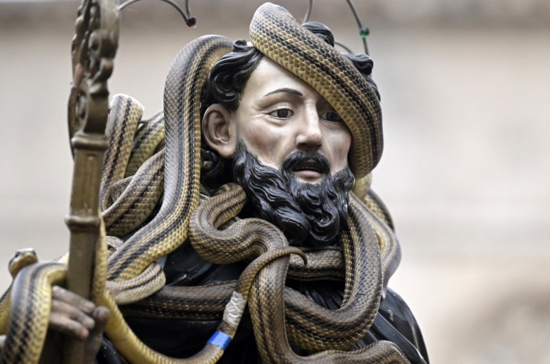 Serpientes vivas cubren la estatua de Santo Domingo