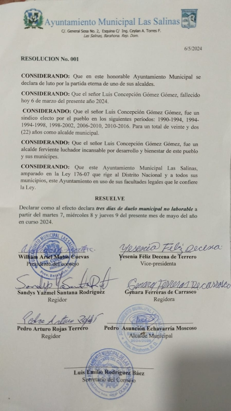 Resolución emitida por el municipio de Las Salinas