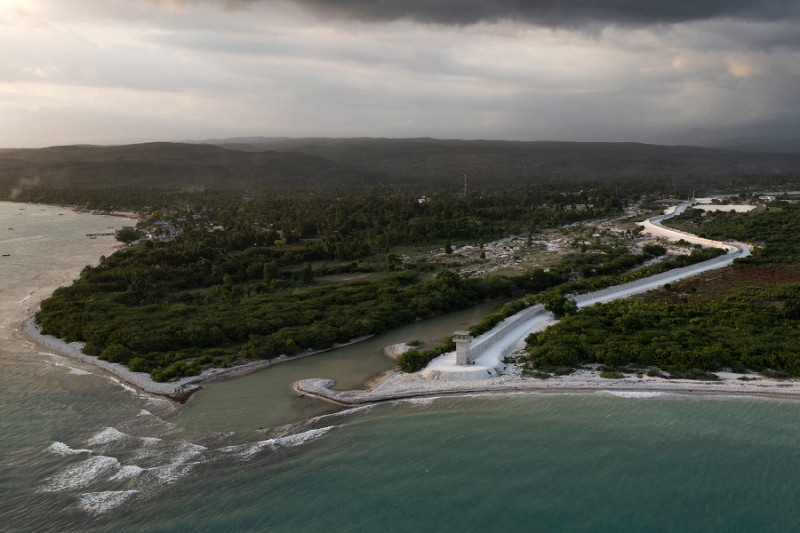 Aerial view of the border wall that is being built in the Dominican Republic-Haiti border, in Pedernales, Dominican Republic on May 15, 2024.