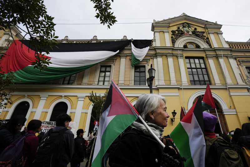 Una mujer camina con una bandera palestina