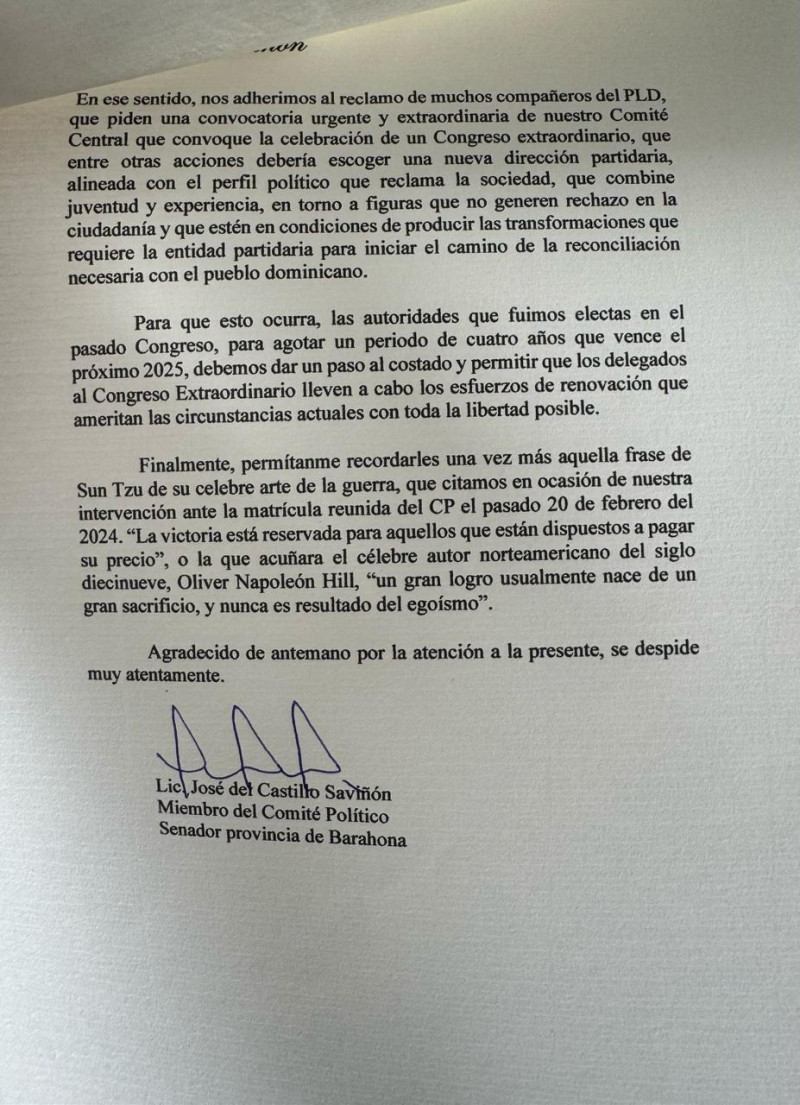 Carta de José Manuel del Castillo Saviñón al PLD