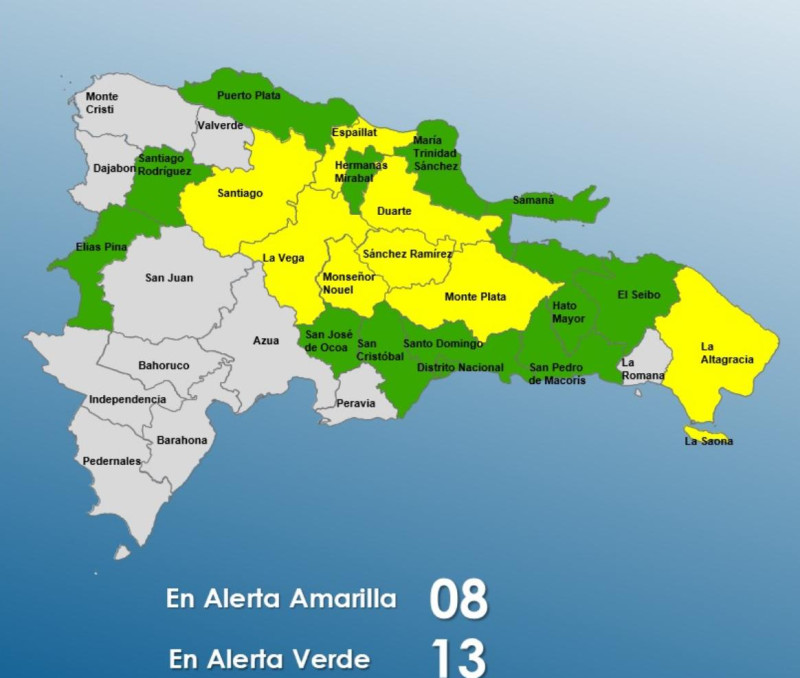 COE disminuye a ocho las provincias en alerta amarilla; se mantienen 13 en verde