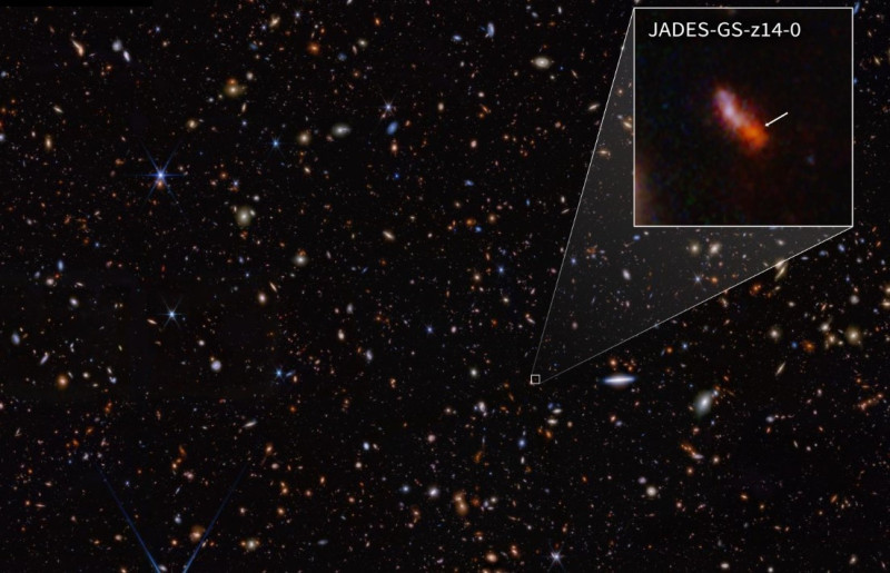 Galaxia JADES-GS-z14-0, la más lejana conocida.