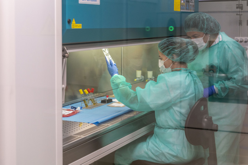 GRAF9508. SANTANDER (ESPAÑA), 02/06/2024.- Fotografía de archivo fechada el 14 de enero de 2017 que muestra a dos mujeres mientras trabajan en un laboratorio. La tolerancia al tratamiento con uno de los principales fármacos contra el cáncer de mama metastásico HER2-negativo mejora al adelantarse a los efectos secundarios que suele provocar y suministrar medicamentos contra sus daños colaterales antes de que tengan lugar, según demuestra un ensayo presentado este domingo. El estudio, bautizado PRIMED e impulsado por la compañía hispano-estadounidense de investigación clínica oncológica MEDSIR, fue difundido en Chicago (EE.UU.) durante el Congreso Anual de la Sociedad Americana de Oncología Clínica (ASCO, por sus siglas en inglés) y se centró en cómo minimizar las secuelas del sacituzumab govitecan, que se comercializa bajo el nombre de Trodelvy. EFE/ Román G. Aguilera