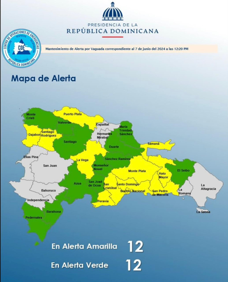 Coe disminuye a 12 las provincias en alerta verde; hay 12 en amarilla