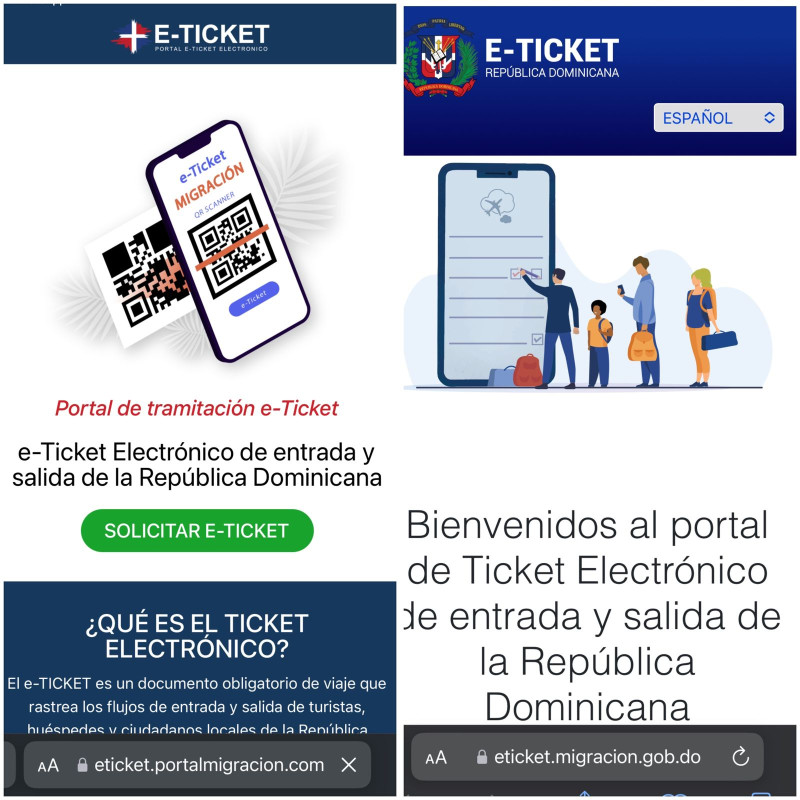 A la izquierda, la portada falsa del portal de solicitud de e-ticket y a la derecha, la correcta, perteneciente a la Dirección General de Migración.