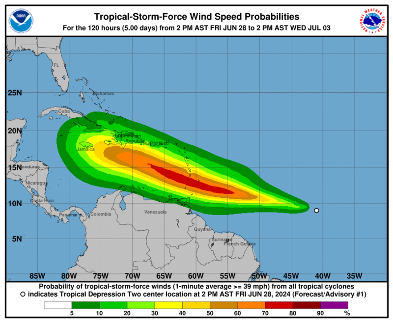 La trayectoria de la depresión tropical número 2 de esta temporada ciclónica. Onamet explicó que vigila el sistema.
