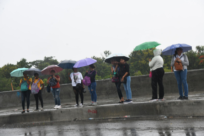 Personas en fila bajo lluvia