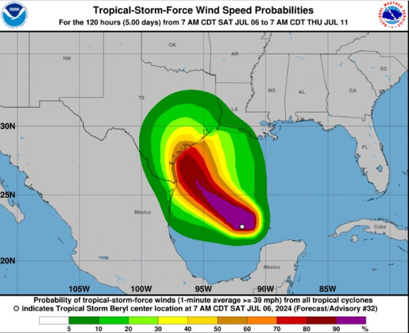 La tormenta tropical 'Beryl' ha vuelto a ganar fuerza tras su paso por México y podría volver a entrar en la categoría de huracán cuando se acerque al sur del estado norteamericano de Texas a última hora del domingo.