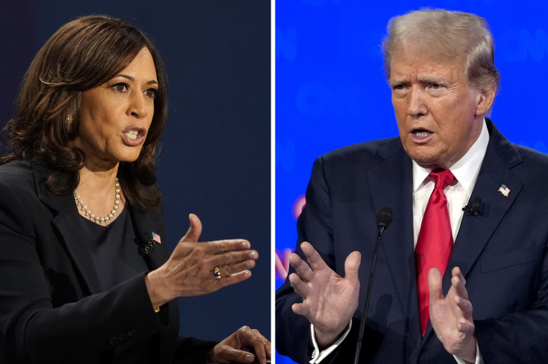 En la fotografía de la izquierda, la candidata demócrata a la vicepresidencia, la senadora Kamala Harris, habla durante un debate el 7 de octubre de 2020, en Salt Lake City. En el lado derecho, el candidato republicano a la presidencia y expresidente Donald Trump habla durante un debate el 27 de junio de 2024, en Atlanta.