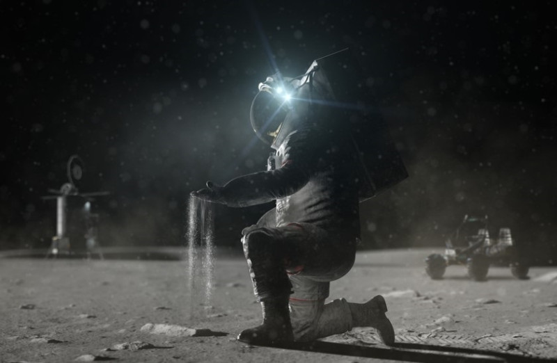 Representación artística de un astronauta trabajando en la superficie lunar durante una futura misión.
