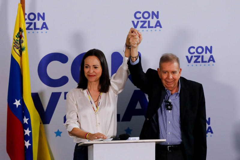 El candidato presidencial de la oposición Edmundo González  y la líder opositora María Corina Machado en Caracas, Venezuela, el lunes 29 de julio de 2024.