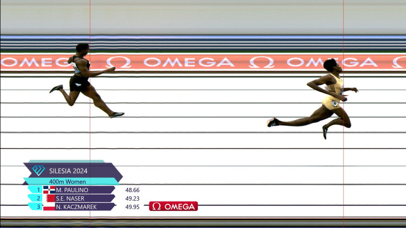 La imagen de foto finish recoge la llegada de Marileidy Paulino en la prueba de los 400 metros planos de Silesia correspondiente a la Liga de Diamante.