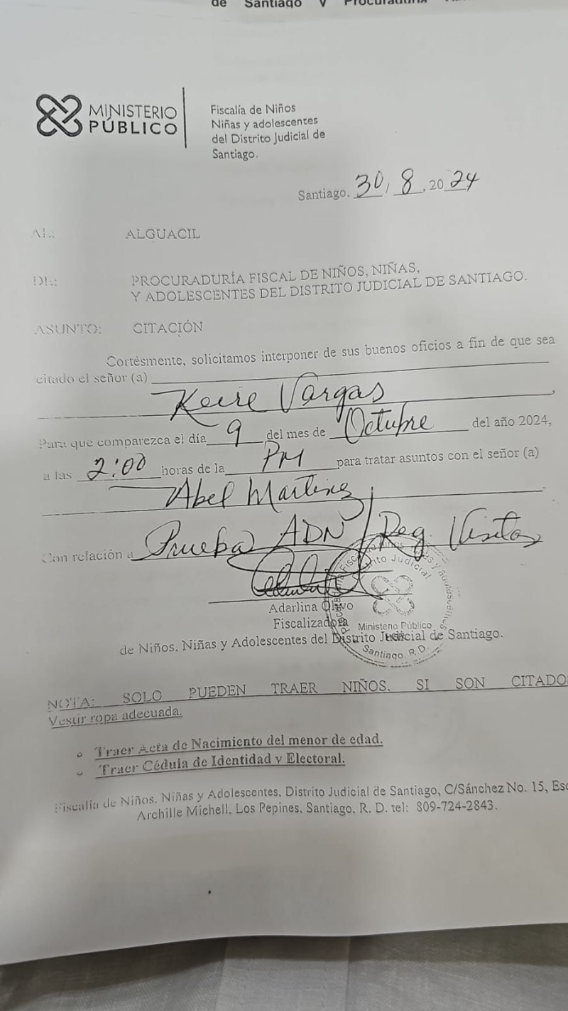 Citación de la Procuraduría Fiscal de Niños, Niñas y Adolescentes del Distrito Judicial del distrito judicial Santiago.