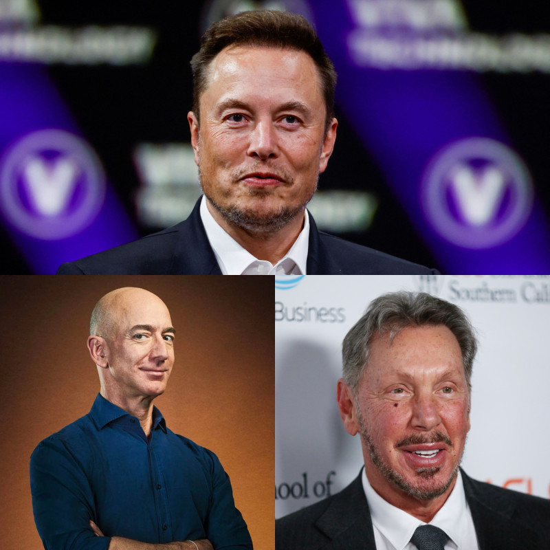 Elon Musk, Jeff Bezos, y Larry Ellison.