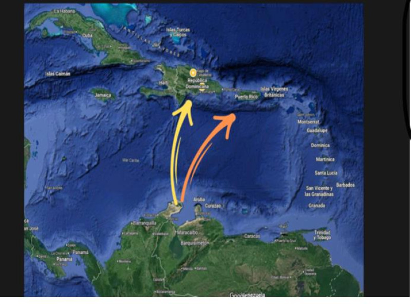 Ilustración de la ruta de envio de sustancias controladas de La Guajira hacia República Dominciana  y Puerto Rico.