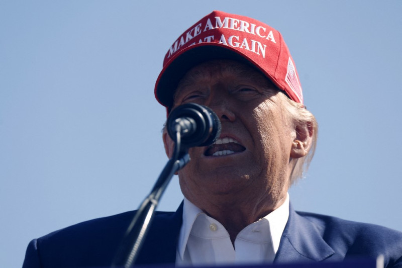 Republican presidential candidate former US President Donald Trump speaks at a rally at the Aero Center Wilmington on September 21, 2024 in Wilmington, North Carolina.