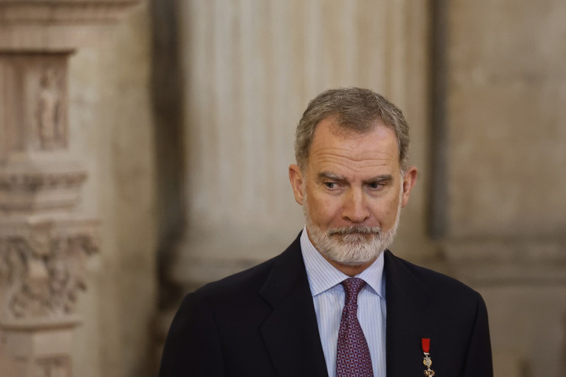 El rey de España llega a una conmemoración por el décimo aniversario de la proclamación del Rey Felipe VI en el Palacio Real de Madrid, España, el 19 de junio de 2024.