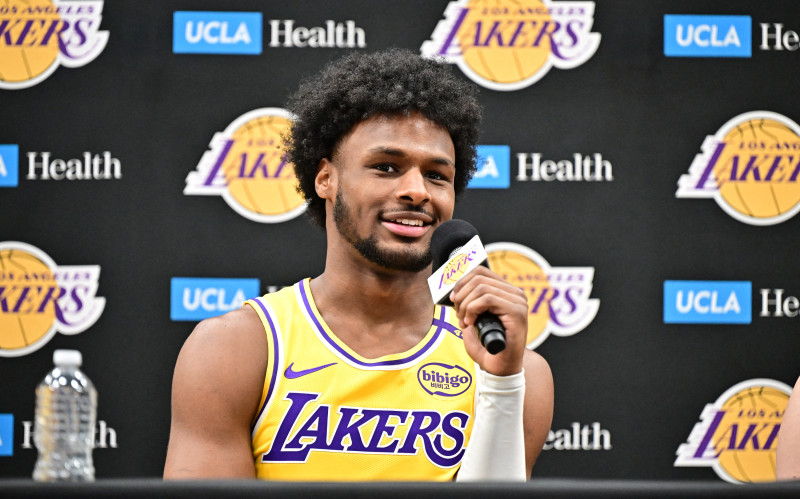 Los Angeles Lakers #9 Bronny James, son of LeBron James, speaks during a press confrence during the Lakers media day at UCLA Health Training Center in El Segundo, California, September 30, 2024. (Photo by Frederic J. BROWN / AFP)