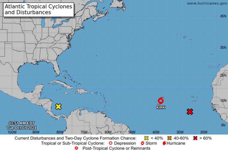 La tormenta tropical Kirk y otras zonas de aguaceros en el Atlántico