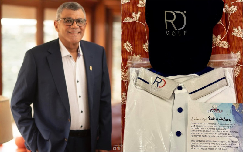 Rafael Villalona Calero y los souvenirs recibidos de la Federación Dominicana de Golf.