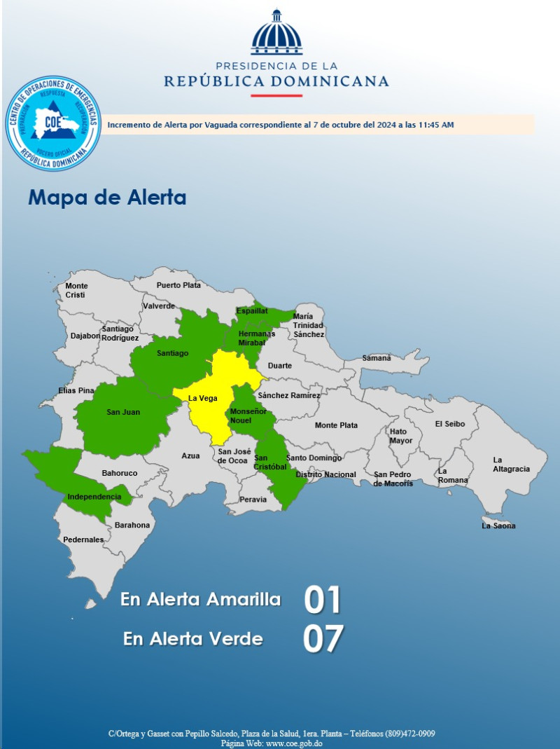 COE mantiene siete provincias en alerta verde y una en amarilla por vaguada