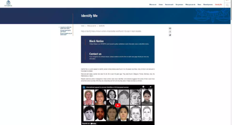 La página de la campaña de Interpol para identificar a 46 mujeres cuyos cuerpos fueron encontrados en Europa, en casos sin resolver, en una imagen del 8 de octubre de 2024.