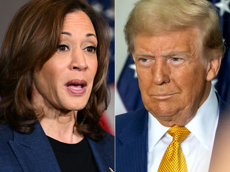 Esta combinación de imágenes creada el 25 de octubre de 2024 muestra a la vicepresidenta estadounidense y candidata presidencial demócrata Kamala Harris en Houston, Texas el 25 de octubre de 2024 y al expresidente estadounidense candidato presidencial republicano Donald Trump en East Del Valle, Austin, Texas el 25 de octubre de 2024.