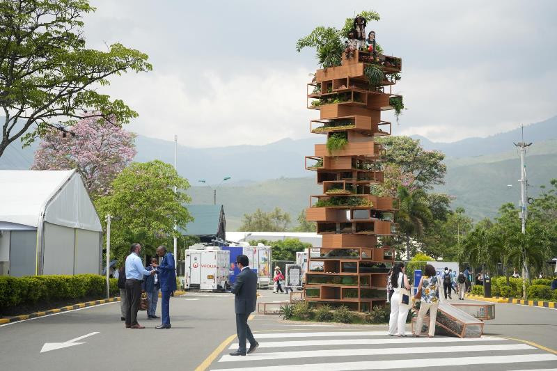 Personas caminan por la Zona Azul durante la COP16 en Cali (Colombia).