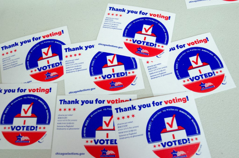 CHICAGO, ILLINOIS, UNITED STATES - NOVEMBER 3: A view of stickers that read 'I voted' seen during early voting for the Presidential General Election at polling station in Chicago, Illinois on November 3, 2024 ahead of the November 5th general election. Jacek Boczarski / Anadolu (Photo by Jacek Boczarski / ANADOLU / Anadolu via AFP)