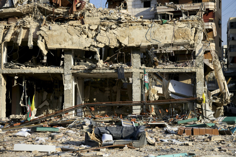 This picture taken during a media tour organised by Hezbollah press office on November 5, 2024, shows a destroyed building on the site of an Israeli airstrike that targeted earlier last week Beirut's southern suburbs al-Jamous neighbourhood. (Photo by IBRAHIM AMRO / AFP)