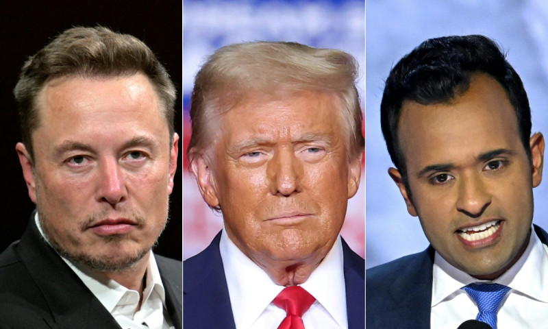 Esta combinación de imágenes muestra a Elon Musk (i), Donald Trump (c) y a Vivek Ramaswamy (d)