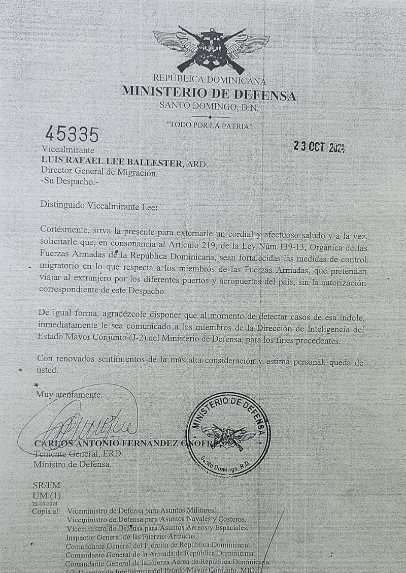 La carta integra mediante la que Fernández Onofre se dirige a Lee Ballester, en fecha 22 de octubre del 2024. Listín Diario tuvo acceso a la comunicación.