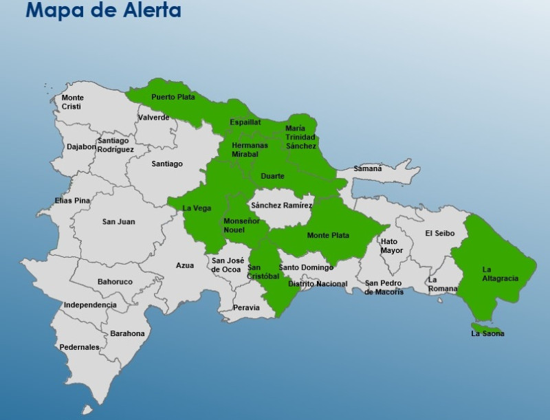 Alerta verde en La Altagracia, La Vega, Duarte, María Trinidad Sánchez, Monseñor Nouel, Hermanas Mirabal, Monte Plata, Puerto Plata, Espaillat y San Cristóbal.