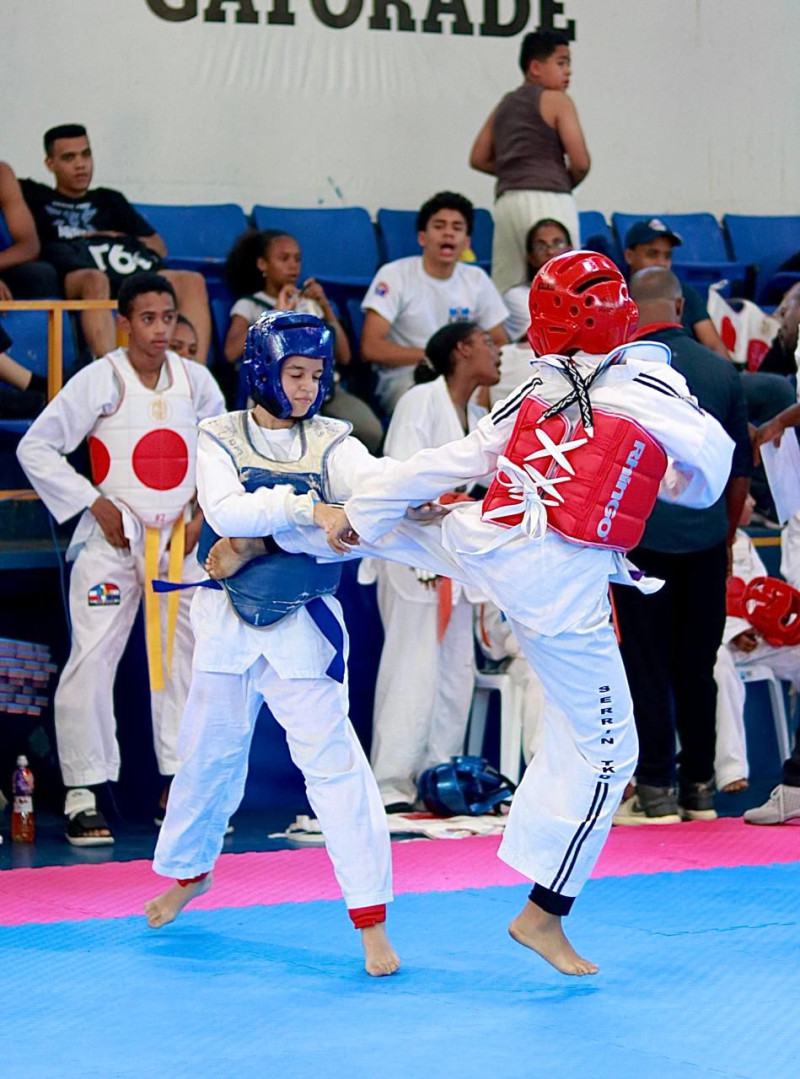 Un momento de acción de uno de los combates del Torneo Nacional de Taekwondo.