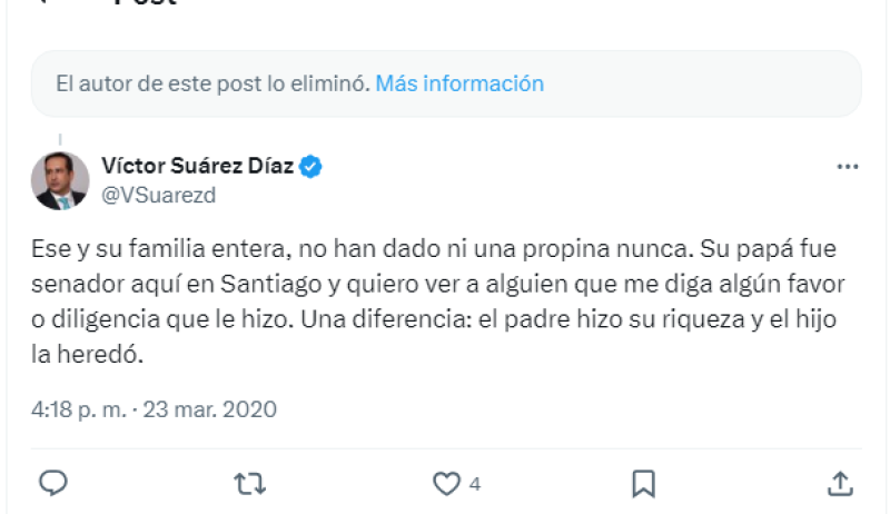 Aunque el mandatario borró el comentario, se puede leer la respuesta de Víctor Suárez.