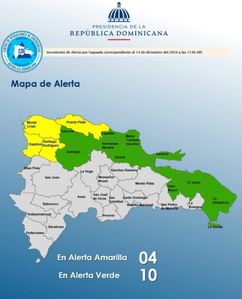 COE coloca 4 provincias en alerta amarilla y otras 10 en verde