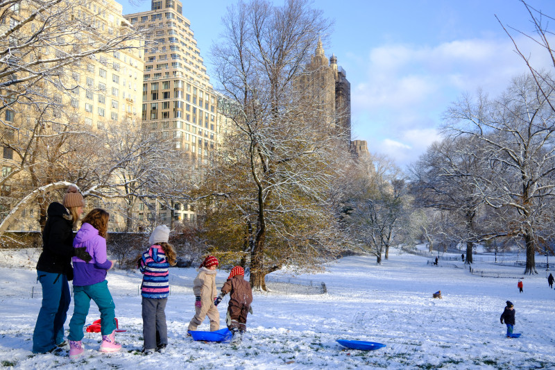 Personas disfrutan de la nieve en Central Park, Nueva York.