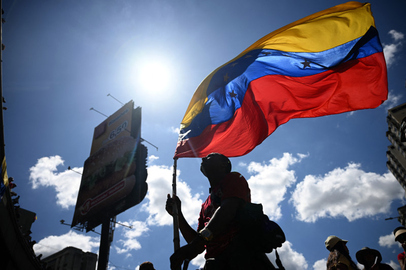 Un manifestante ondea una bandera venezolana