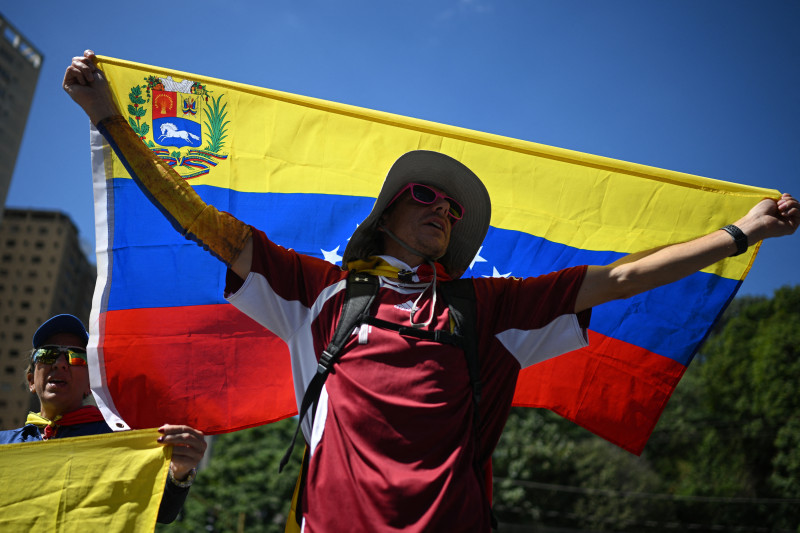 Un manifestante muestra una bandera venezolana durante una protesta